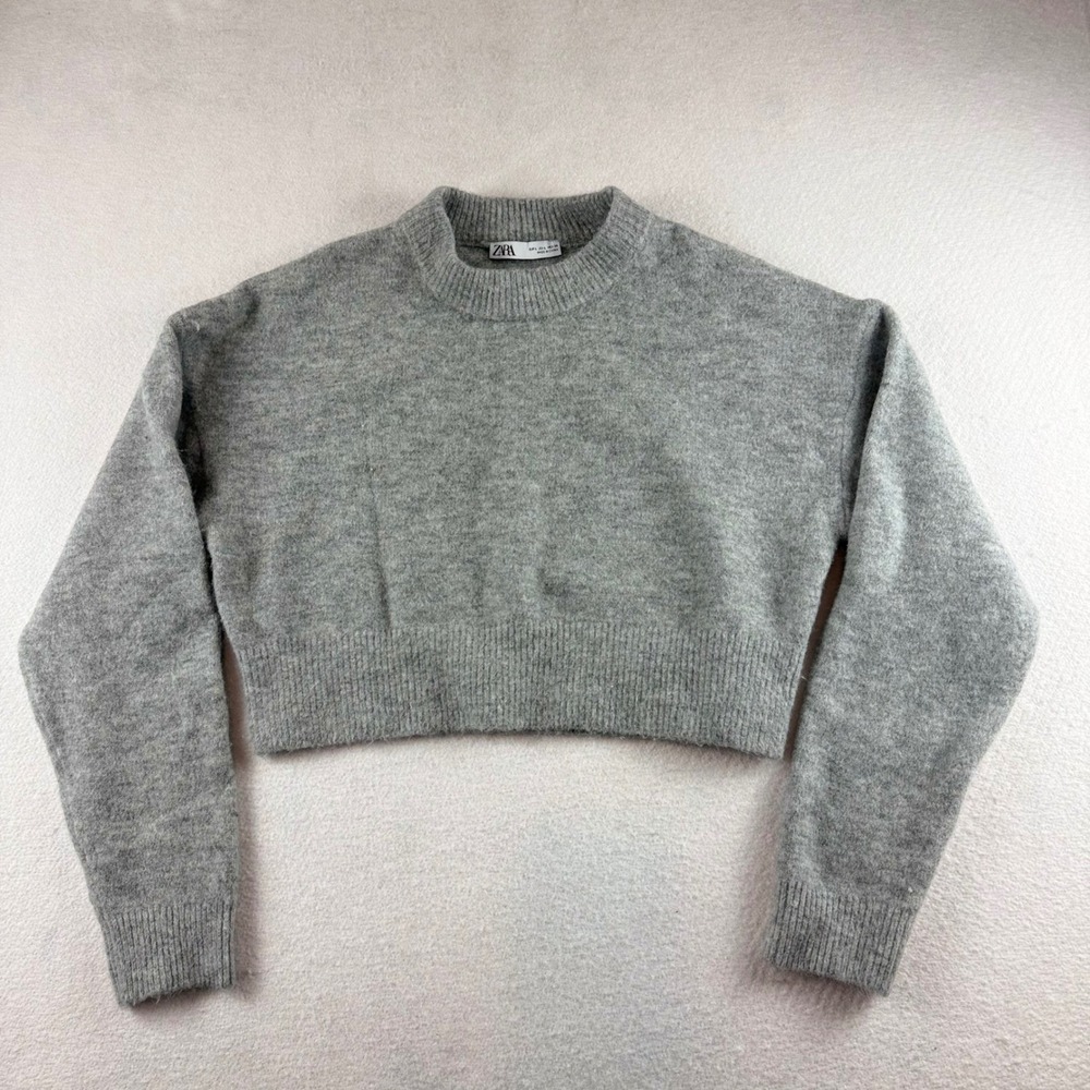Zara Womens Large Heather Gray Cropped Knit Sweater Crew Neck Long Sleeve Ribbed